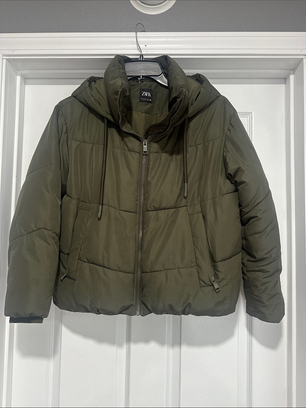 Zara Hooded Puffer Jacket in Olive